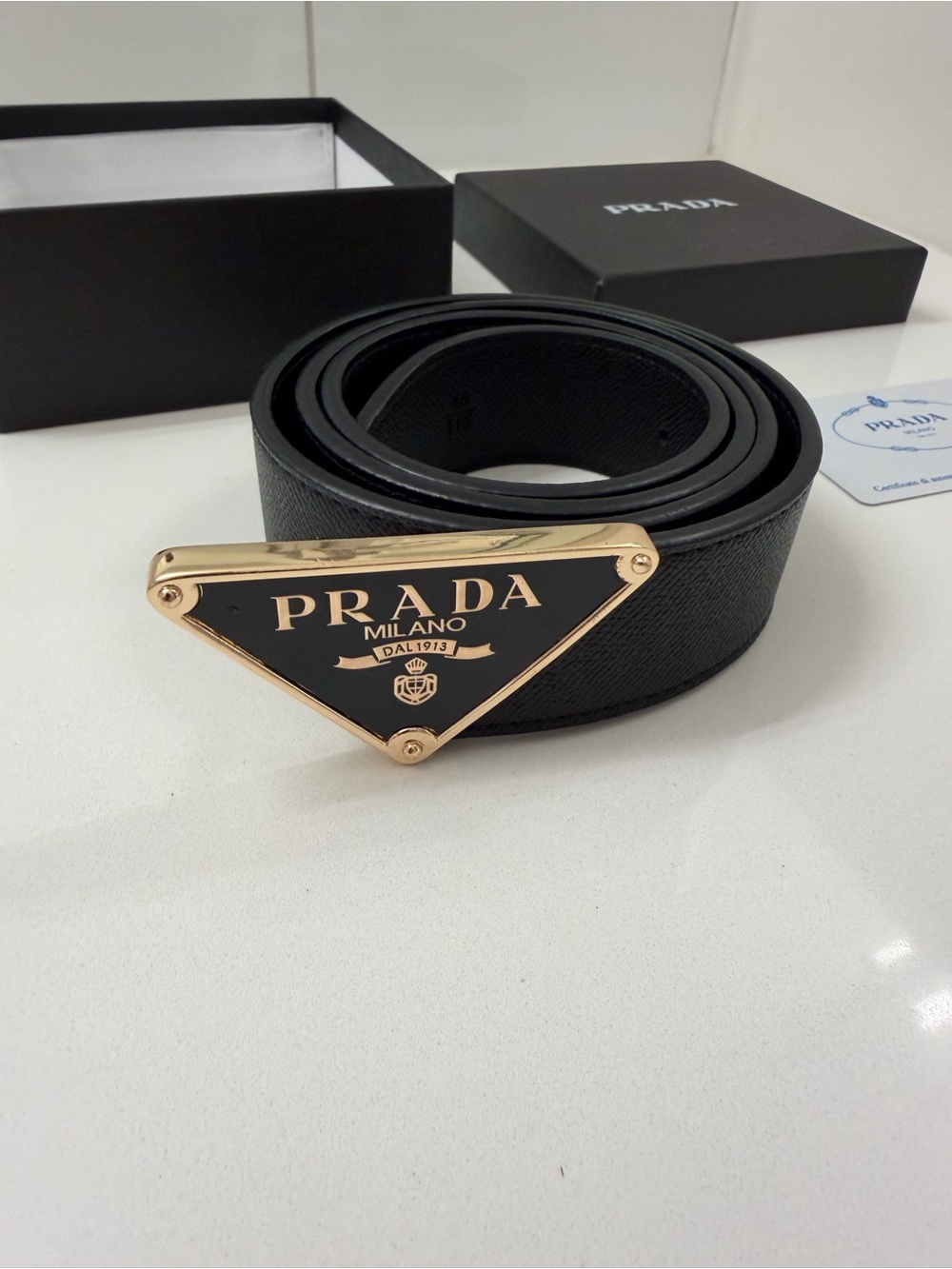 Prada Milano Black Saffiano Leather Belt – Gold Tone Plaque Buckle